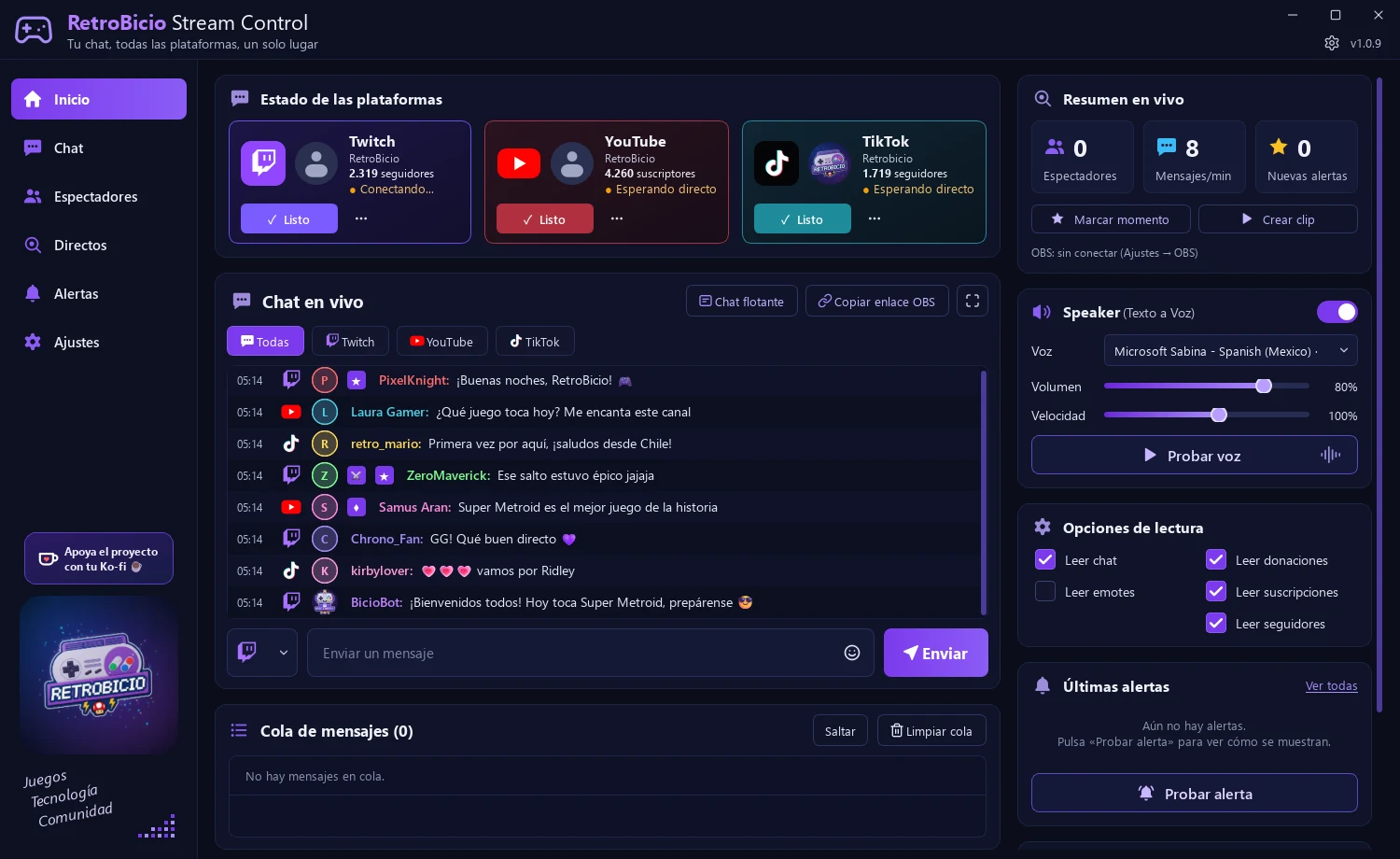 RetroBicio Stream Control: estado de Twitch, YouTube y TikTok, chat unificado y lectura por voz